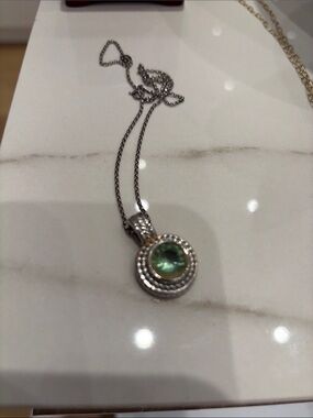 Sterling-Style Silver Pendant Necklace with Green Stone